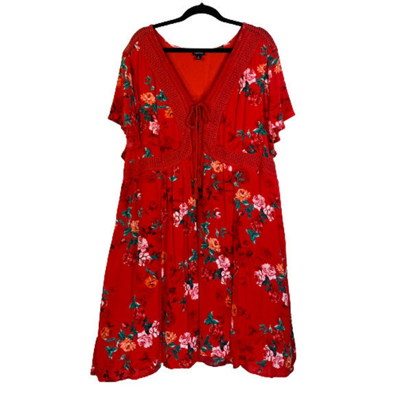 TORRID‎ Red Floral Gauze Lace-Up Skater Dress - Picture 2 of 16